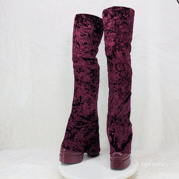 Good Will Unique Thigh High Wine Red Velvet Fold over Chunky Heel Platform Boots - Picture 5 of 10